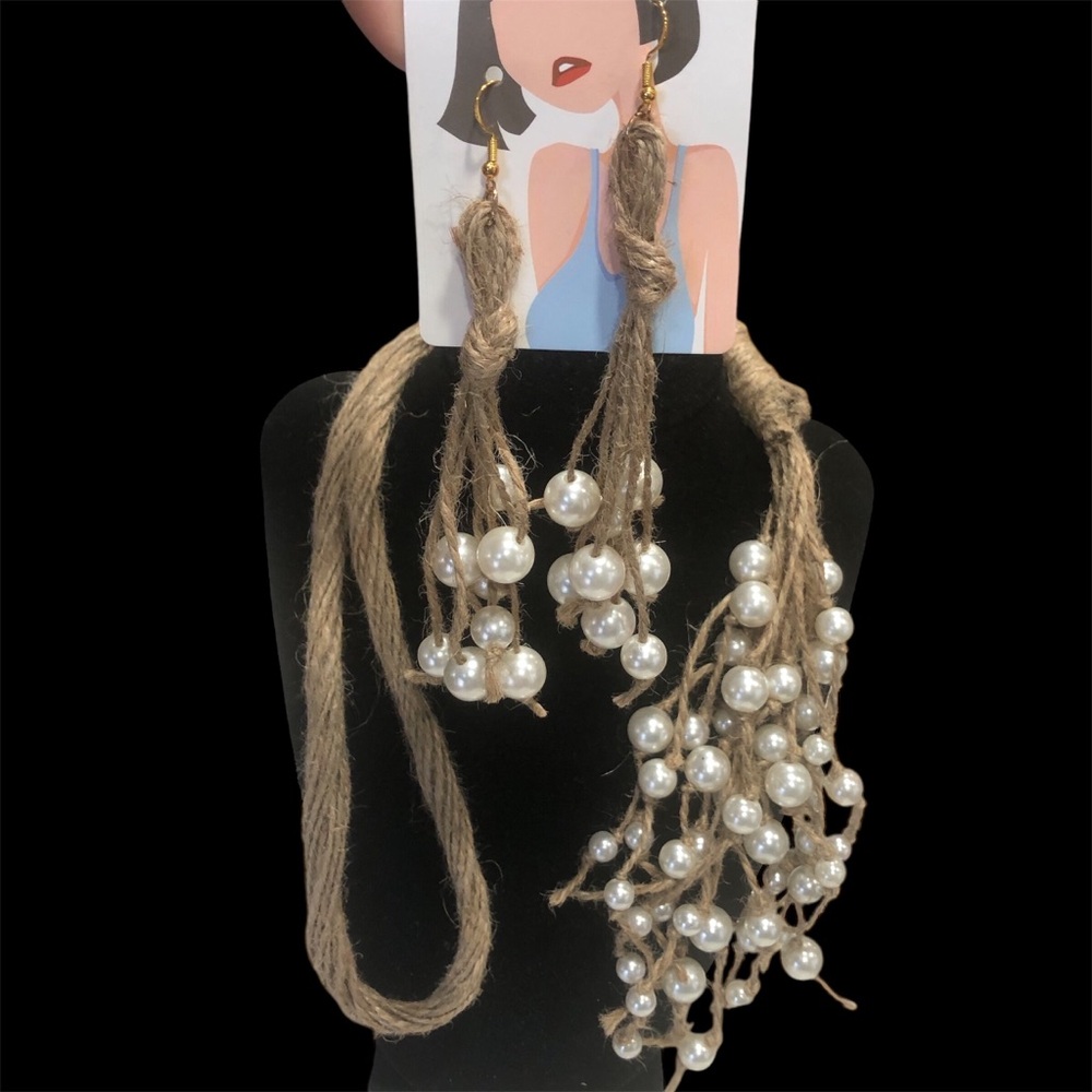New Handmade Faux Pearls Jute Necklace - Picture 3 of 5